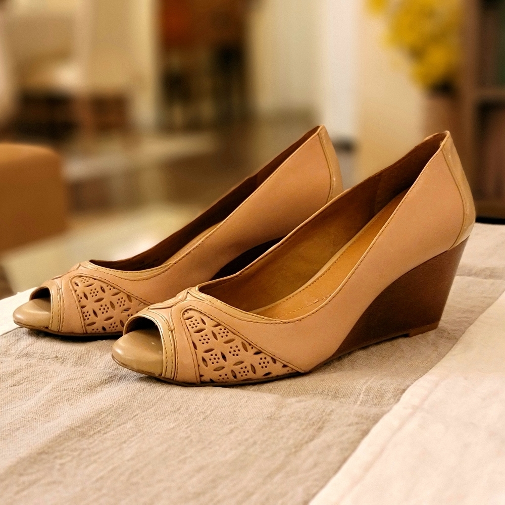 Michelle D "Rita" Leather Peep-Toe Wedge Sandals